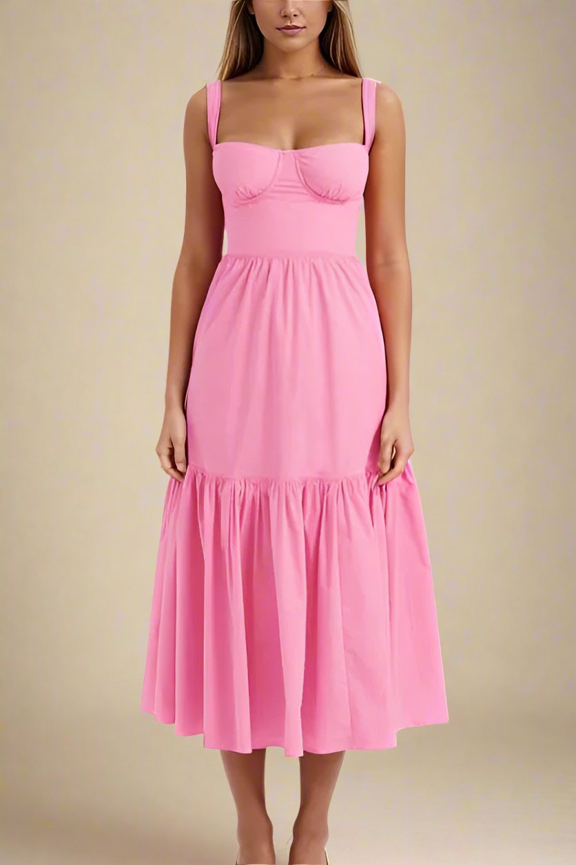 Woman wearing a figure flattering Imogen Bodycon Day Midi Dress - Blush Pink BODYCON COLLECTION