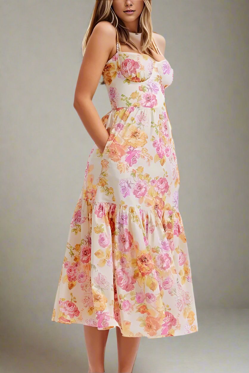 Woman wearing a figure flattering Imogen Bodycon Day Midi Dress - Dusty Pink BODYCON COLLECTION