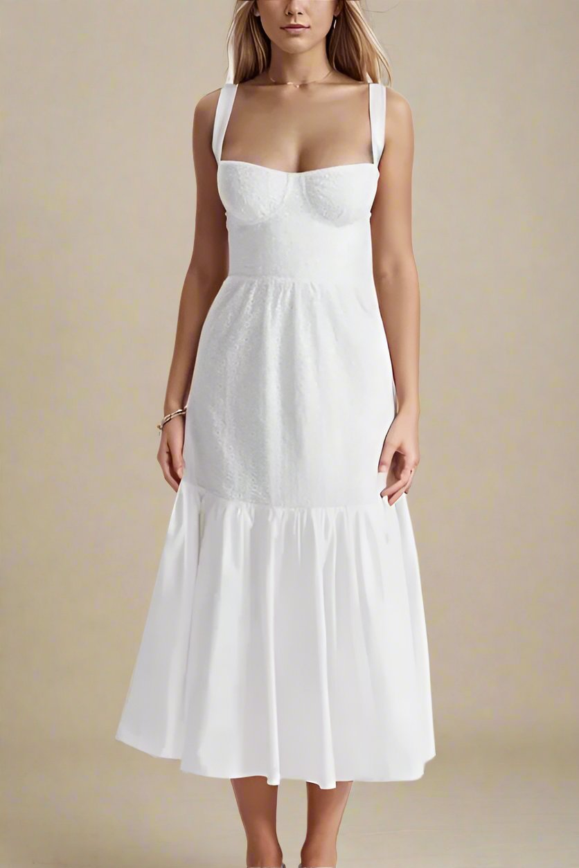 Woman wearing a figure flattering Imogen Bodycon Day Midi Dress - Pearl White BODYCON COLLECTION