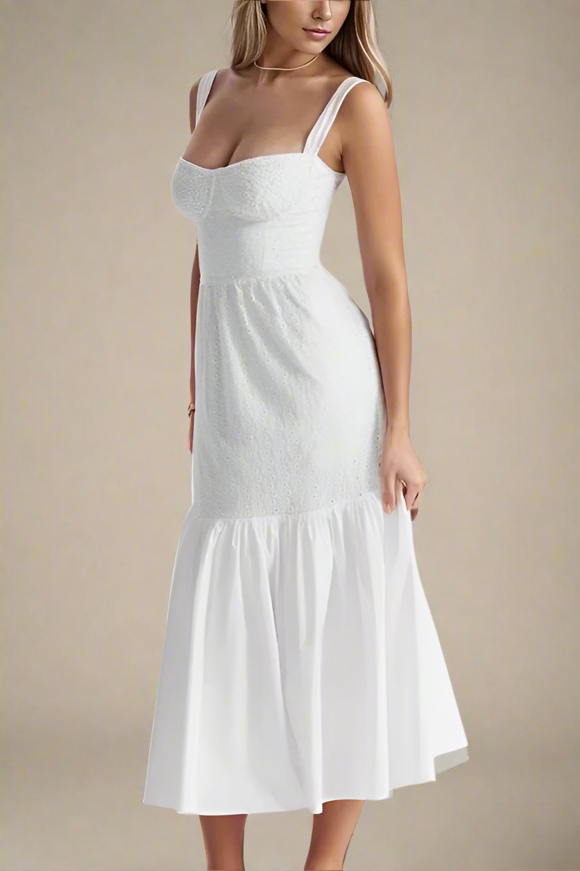 Woman wearing a figure flattering Imogen Bodycon Day Midi Dress - Pearl White BODYCON COLLECTION