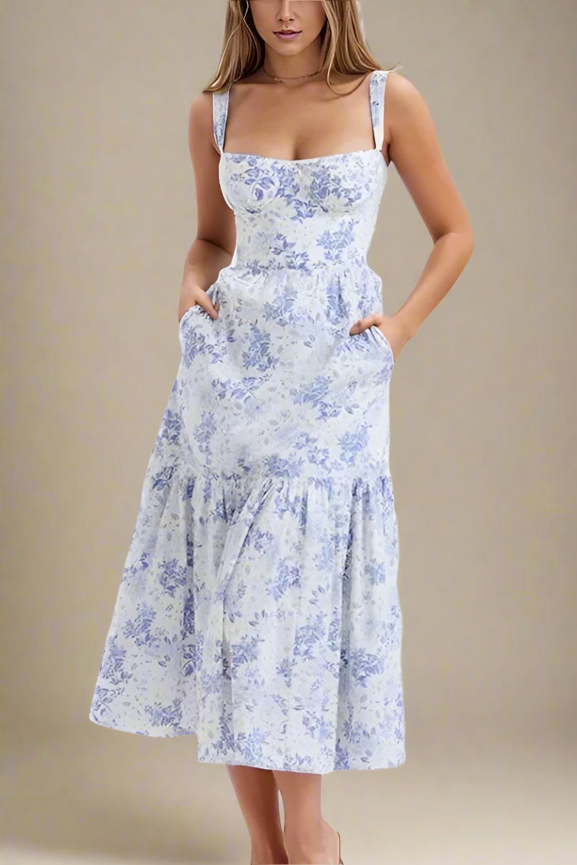 Woman wearing a figure flattering Imogen Bodycon Day Midi Dress - Sky Blue BODYCON COLLECTION