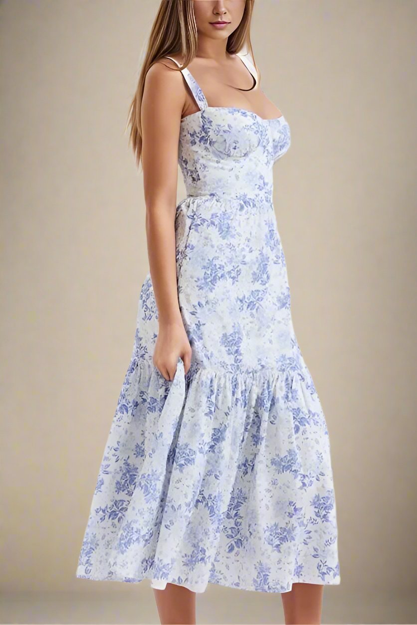 Woman wearing a figure flattering Imogen Bodycon Day Midi Dress - Sky Blue BODYCON COLLECTION