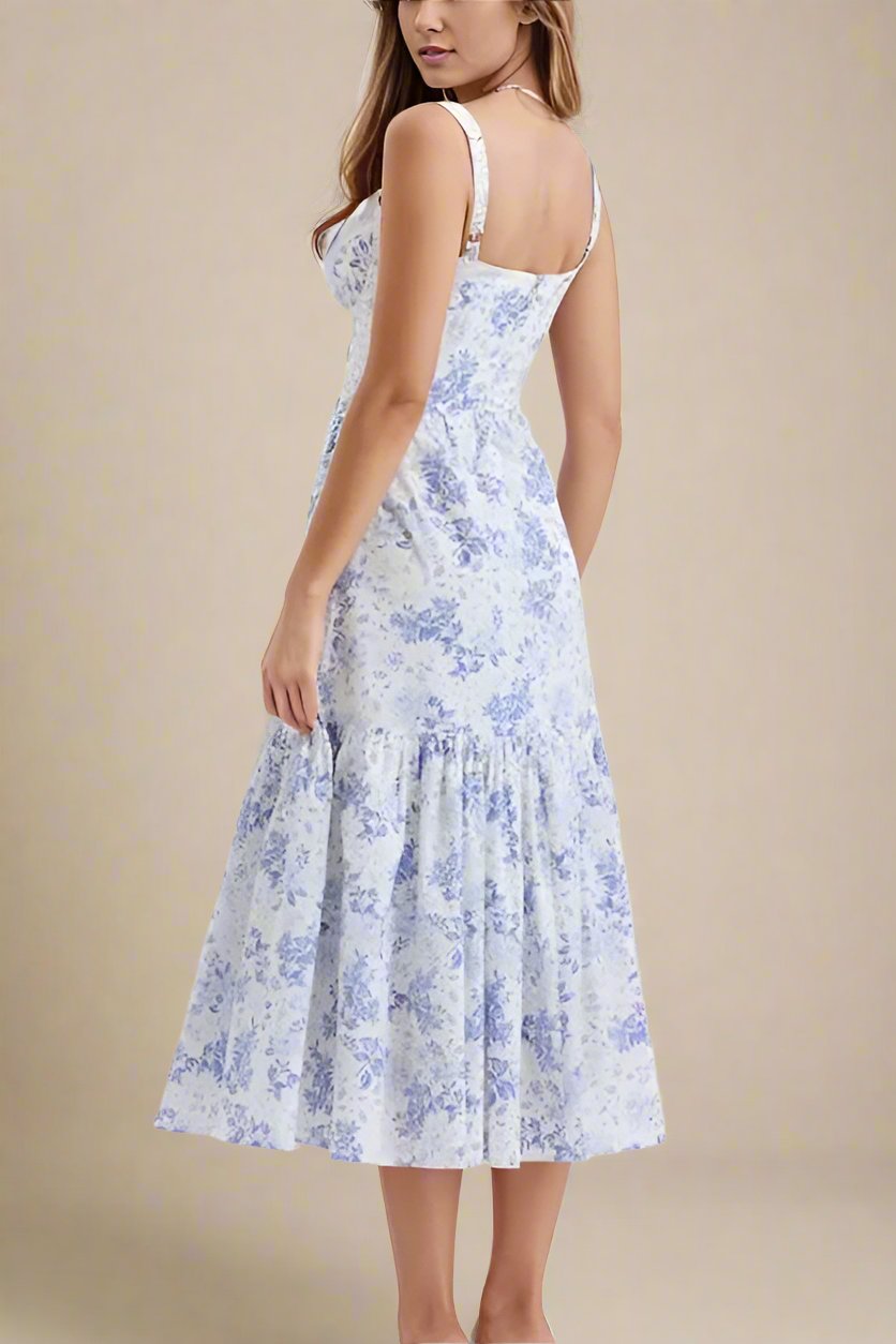 Woman wearing a figure flattering Imogen Bodycon Day Midi Dress - Sky Blue BODYCON COLLECTION