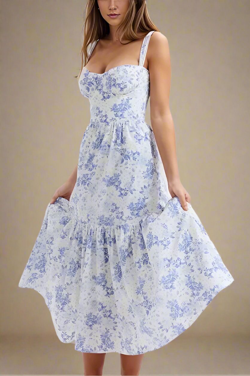 Woman wearing a figure flattering Imogen Bodycon Day Midi Dress - Sky Blue BODYCON COLLECTION