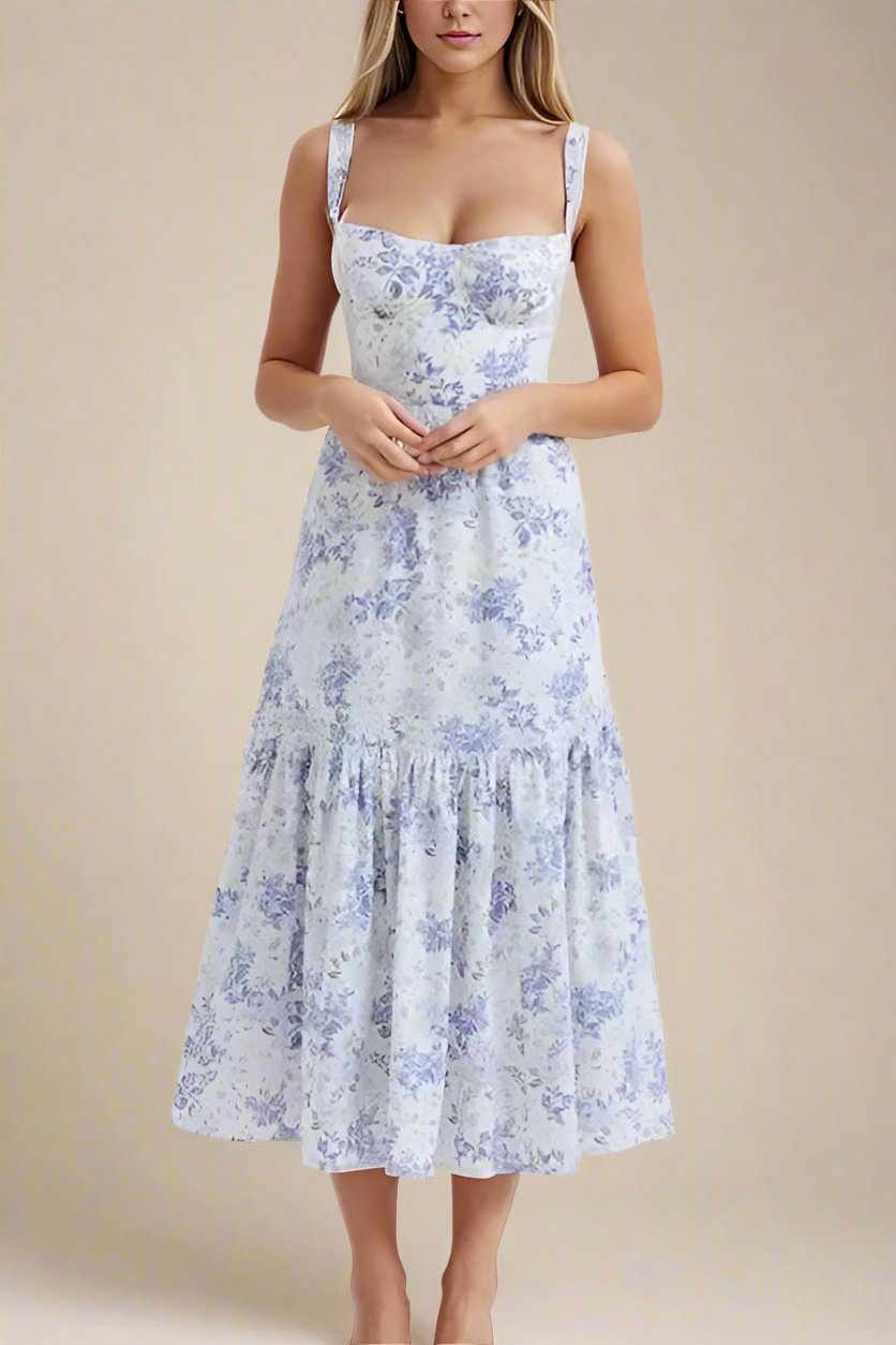 Woman wearing a figure flattering Imogen Bodycon Day Midi Dress - Sky Blue BODYCON COLLECTION