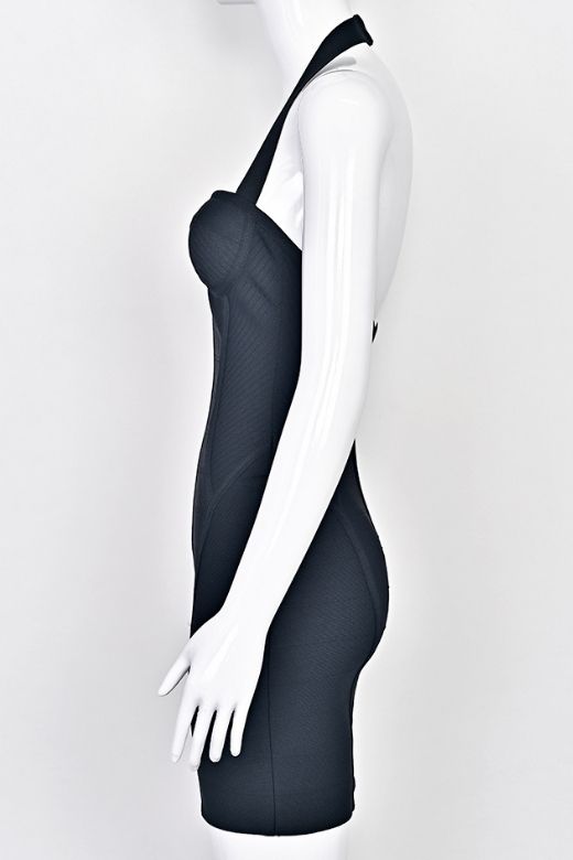 Woman wearing a figure flattering Isabella Bandage Mini Dress - Classic Black BODYCON COLLECTION Pty Ltd