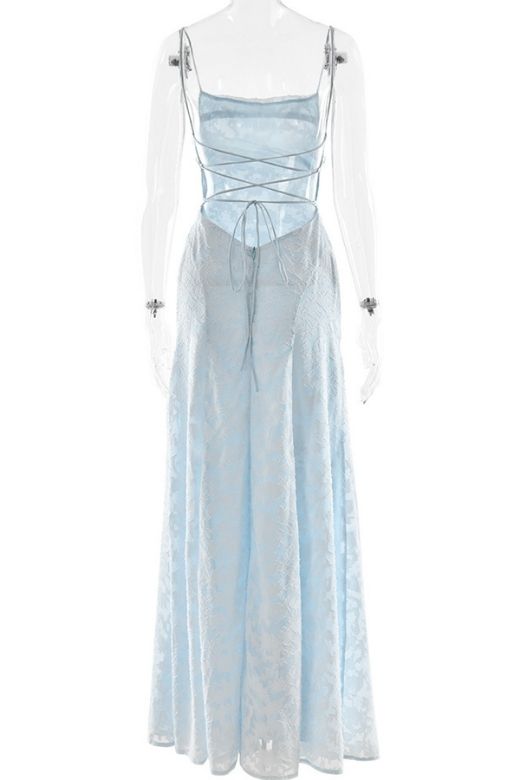 Woman wearing a figure flattering Ivy Bodycon Maxi Dress - Baby Blue BODYCON COLLECTION