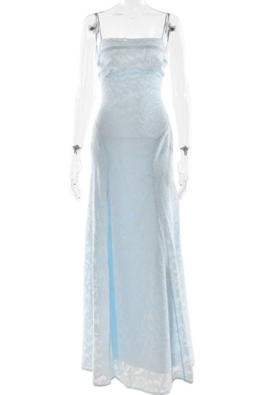 Woman wearing a figure flattering Ivy Bodycon Maxi Dress - Baby Blue BODYCON COLLECTION