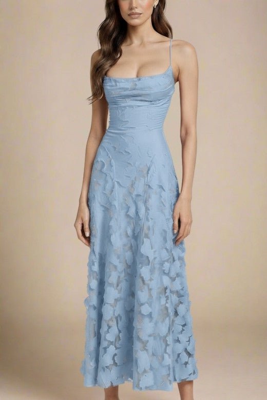 Woman wearing a figure flattering Ivy Bodycon Maxi Dress - Baby Blue BODYCON COLLECTION