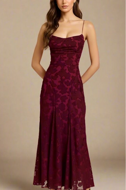 Woman wearing a figure flattering Ivy Bodycon Maxi Dress - Red Wine BODYCON COLLECTION
