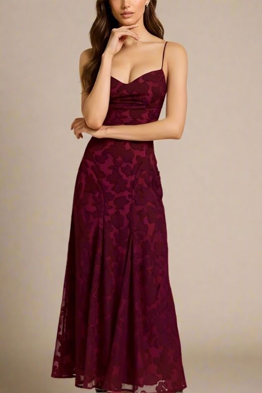 Woman wearing a figure flattering Ivy Bodycon Maxi Dress - Red Wine BODYCON COLLECTION