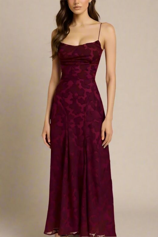 Woman wearing a figure flattering Ivy Bodycon Maxi Dress - Red Wine BODYCON COLLECTION