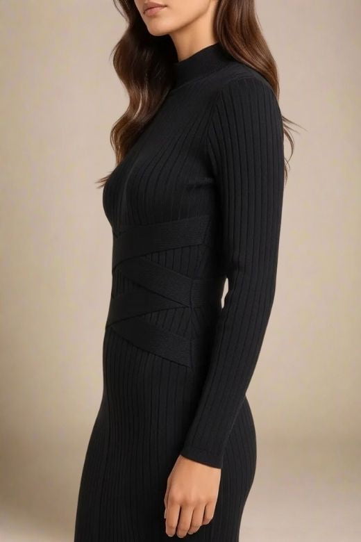 Woman wearing a figure flattering Jane Long Sleeve Bodycon Midi Dress - Classic Black Bodycon Collection