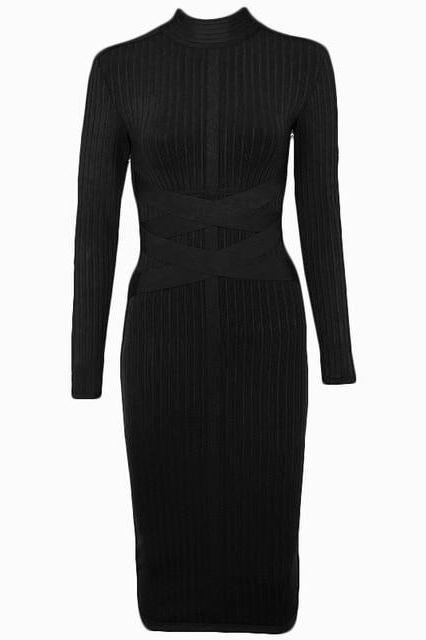 Woman wearing a figure flattering Jane Long Sleeve Bodycon Midi Dress - Classic Black Bodycon Collection