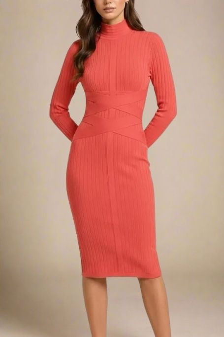 Woman wearing a figure flattering Jane Long Sleeve Bodycon Midi Dress - Lipstick Red Bodycon Collection