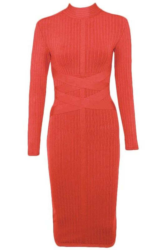 Woman wearing a figure flattering Jane Long Sleeve Bodycon Midi Dress - Lipstick Red Bodycon Collection