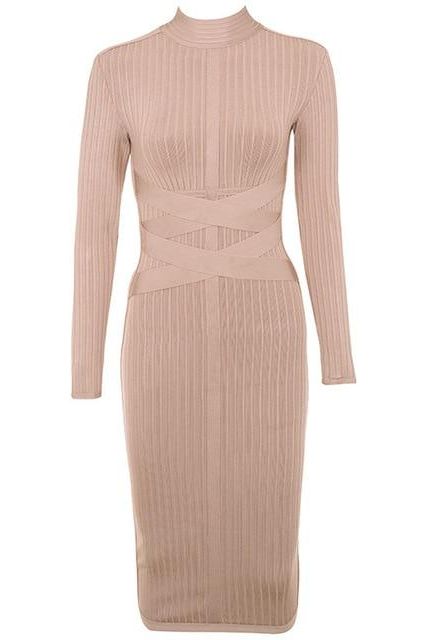 Woman wearing a figure flattering Jane Long Sleeve Bodycon Midi Dress - Nude Bodycon Collection