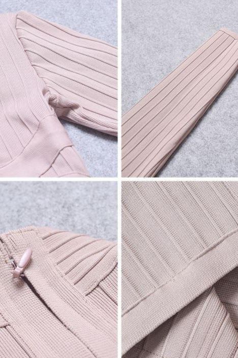 Woman wearing a figure flattering Jane Long Sleeve Bodycon Midi Dress - Nude Bodycon Collection