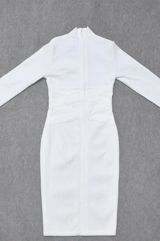 Woman wearing a figure flattering Jane Long Sleeve Bodycon Midi Dress - Pearl White Bodycon Collection