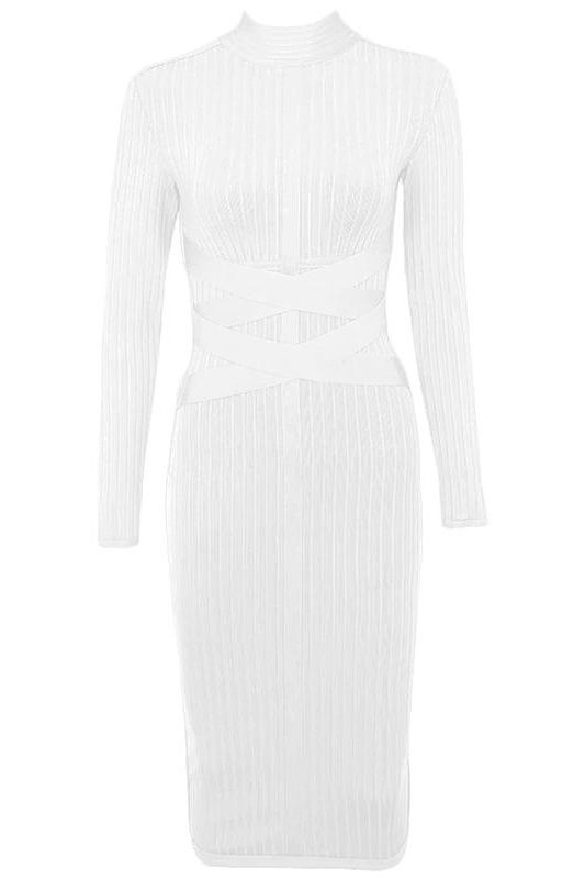 Woman wearing a figure flattering Jane Long Sleeve Bodycon Midi Dress - Pearl White Bodycon Collection
