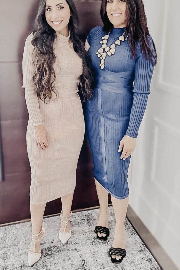 Woman wearing a figure flattering Jane Long Sleeve Bodycon Midi Dress - Pearl White Bodycon Collection