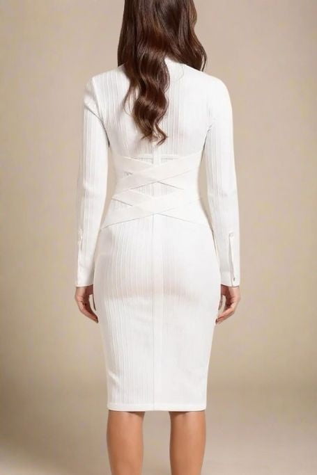 Woman wearing a figure flattering Jane Long Sleeve Bodycon Midi Dress - White Pearl Bodycon Collection