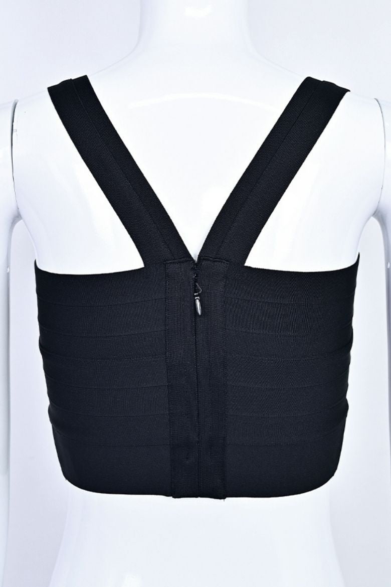 Woman wearing a figure flattering Jay Bandage Crop Top - Classic Black BODYCON COLLECTION