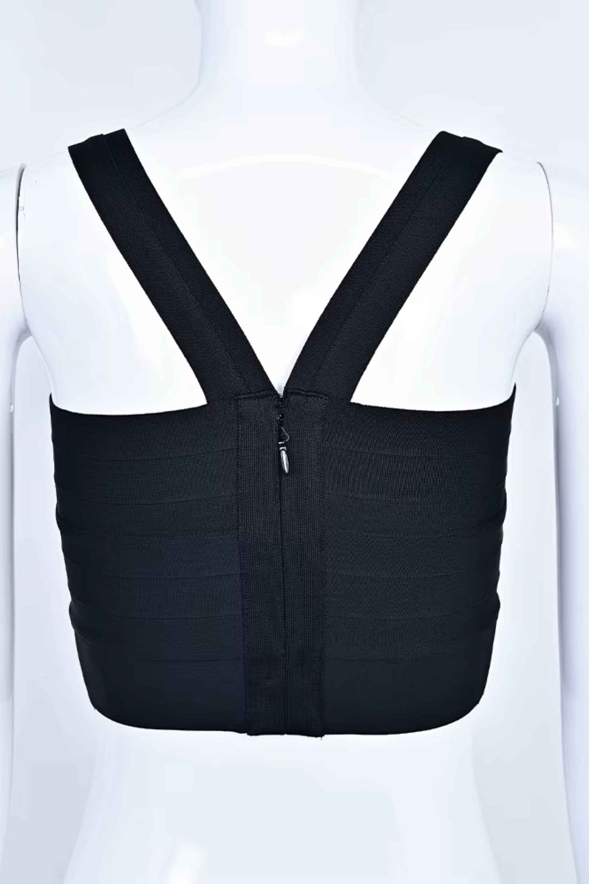 Woman wearing a figure flattering Jay Bandage Crop Top - Classic Black BODYCON COLLECTION