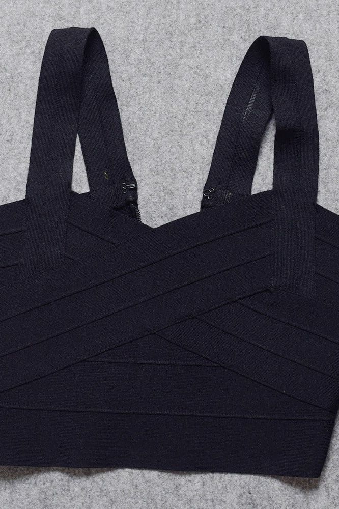 Woman wearing a figure flattering Jay Bandage Crop Top - Classic Black BODYCON COLLECTION