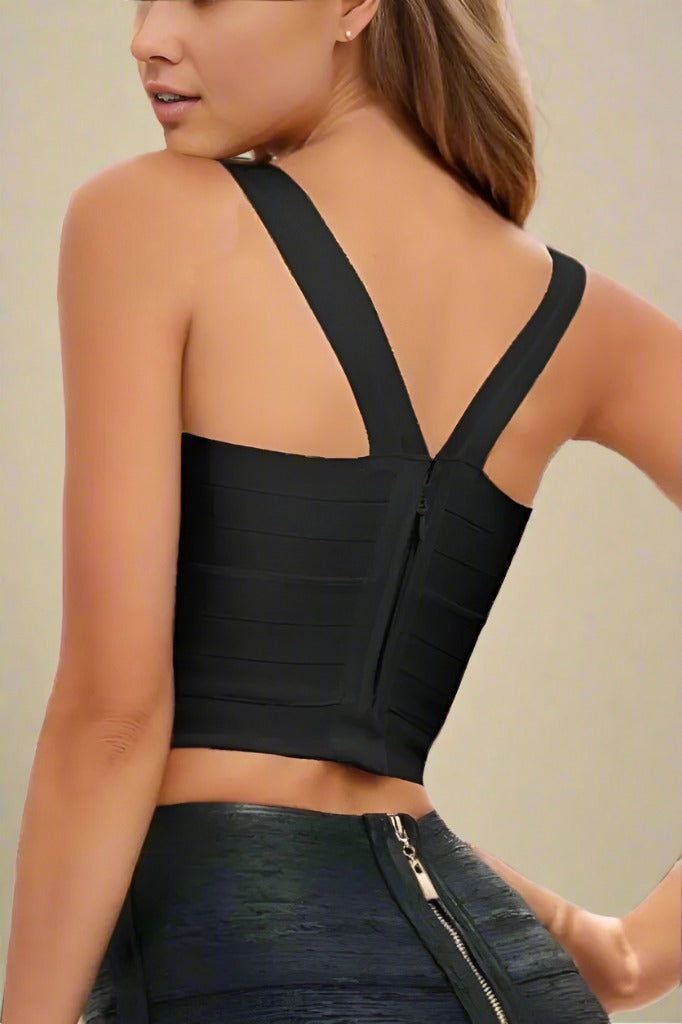 Woman wearing a figure flattering Jay Bandage Crop Top - Classic Black BODYCON COLLECTION