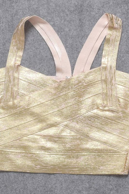 Woman wearing a figure flattering Jay Bandage Crop Top - Gold BODYCON COLLECTION