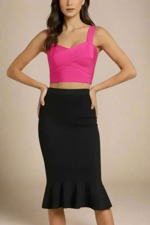 Woman wearing a figure flattering Jay Bandage Crop Top - Hot Pink BODYCON COLLECTION