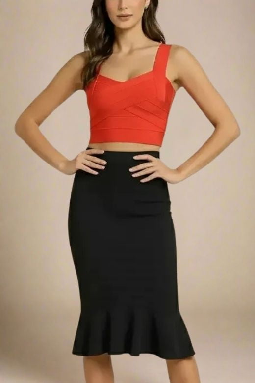Woman wearing a figure flattering Jay Bandage Crop Top - Lipstick Red BODYCON COLLECTION