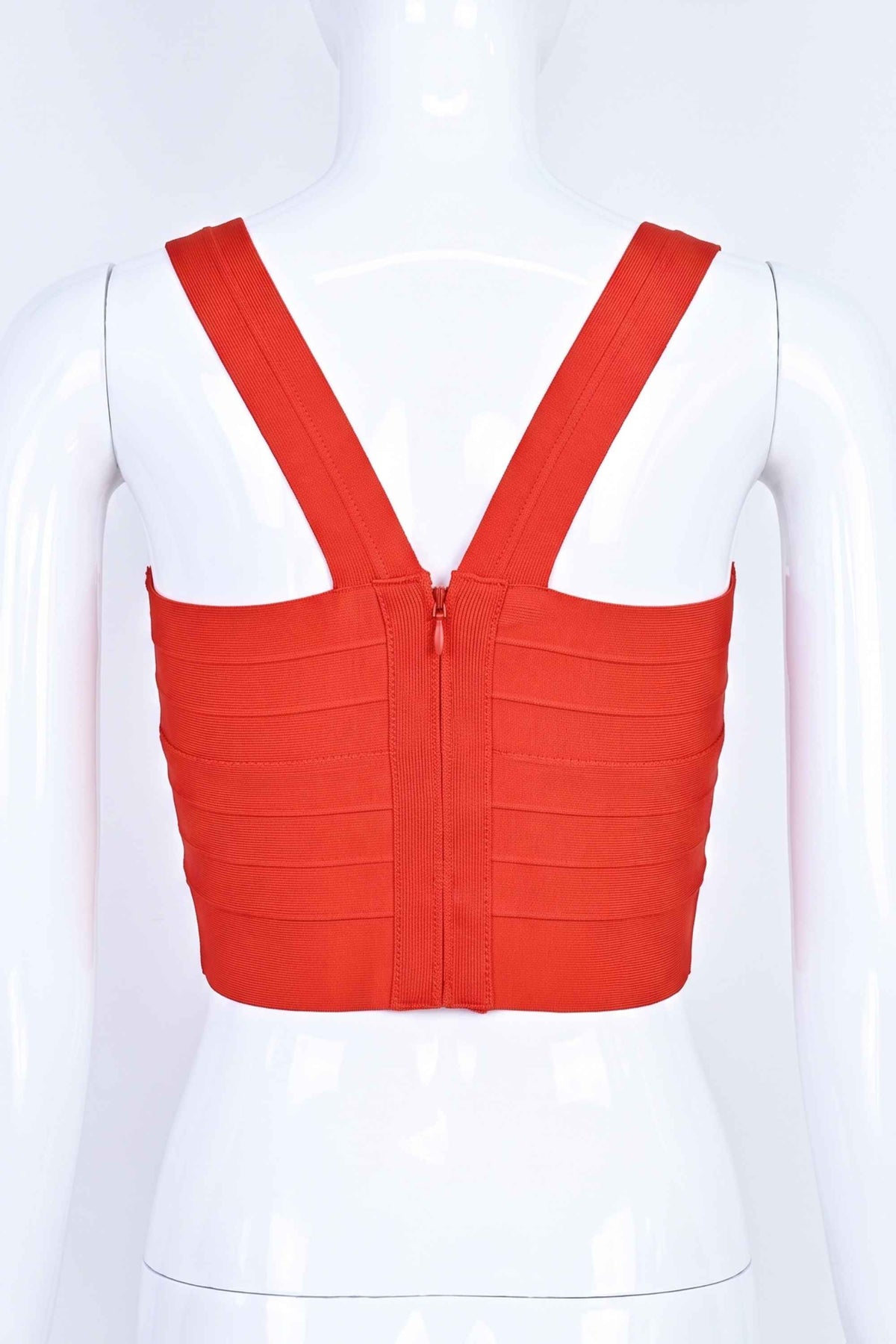 Woman wearing a figure flattering Jay Bandage Crop Top - Lipstick Red BODYCON COLLECTION