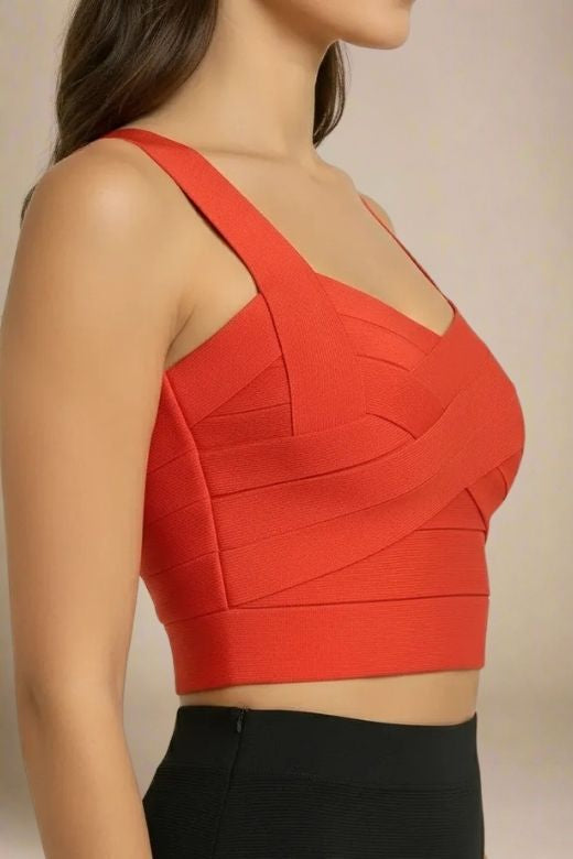 Woman wearing a figure flattering Jay Bandage Crop Top - Lipstick Red BODYCON COLLECTION