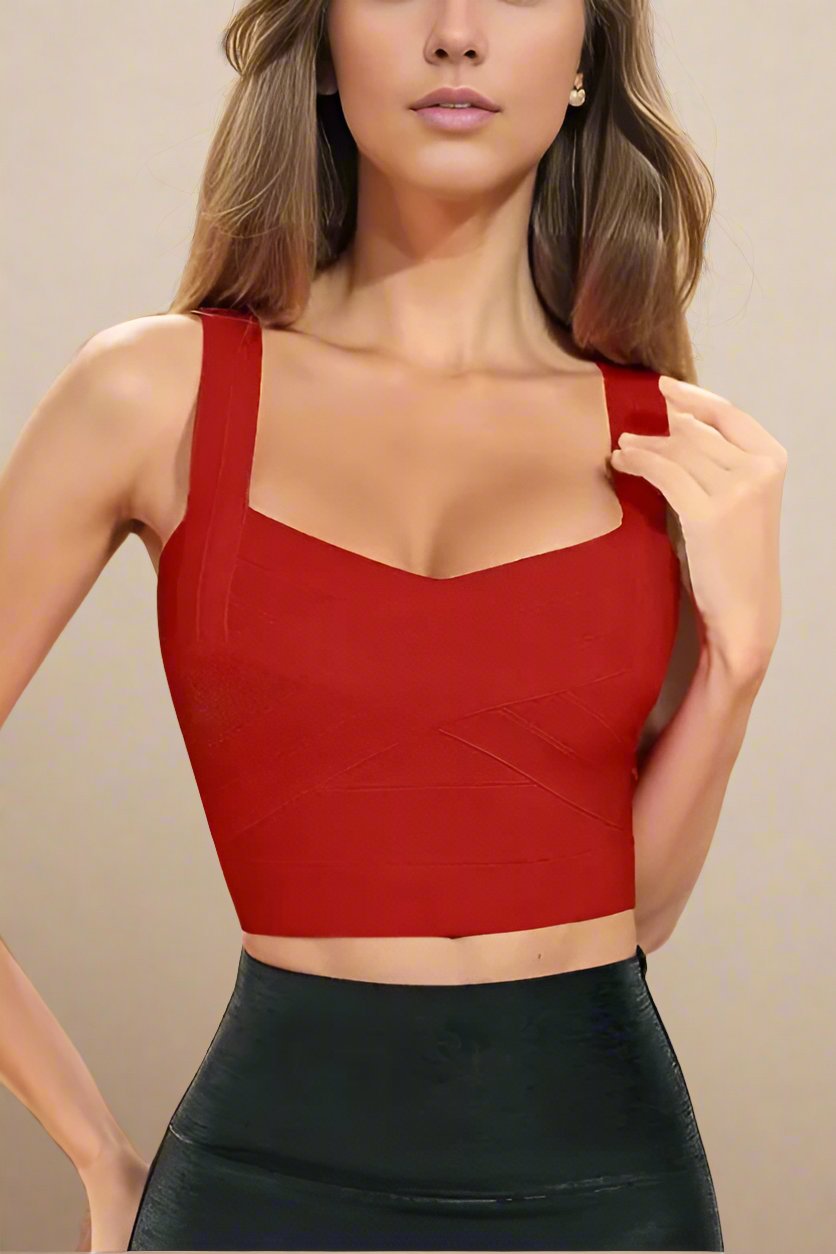 Woman wearing a figure flattering Jay Bandage Crop Top - Lipstick Red BODYCON COLLECTION