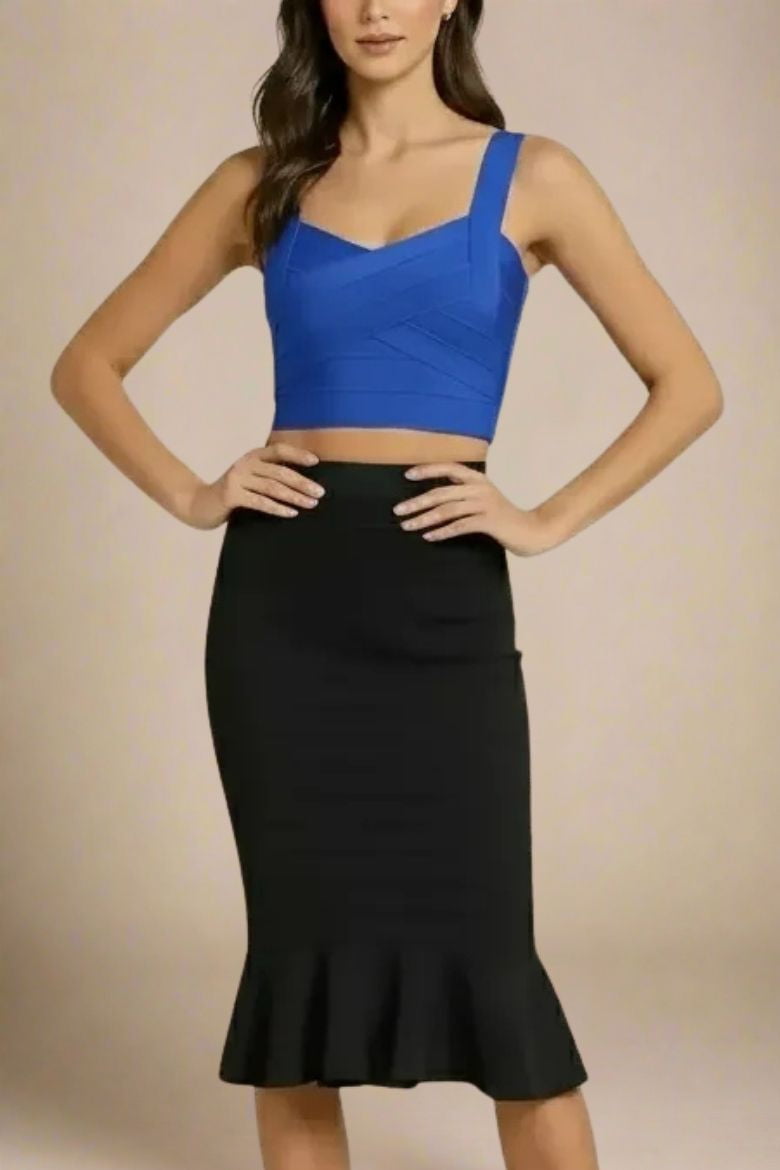 Woman wearing a figure flattering Jay Bandage Crop Top - Royal Blue BODYCON COLLECTION