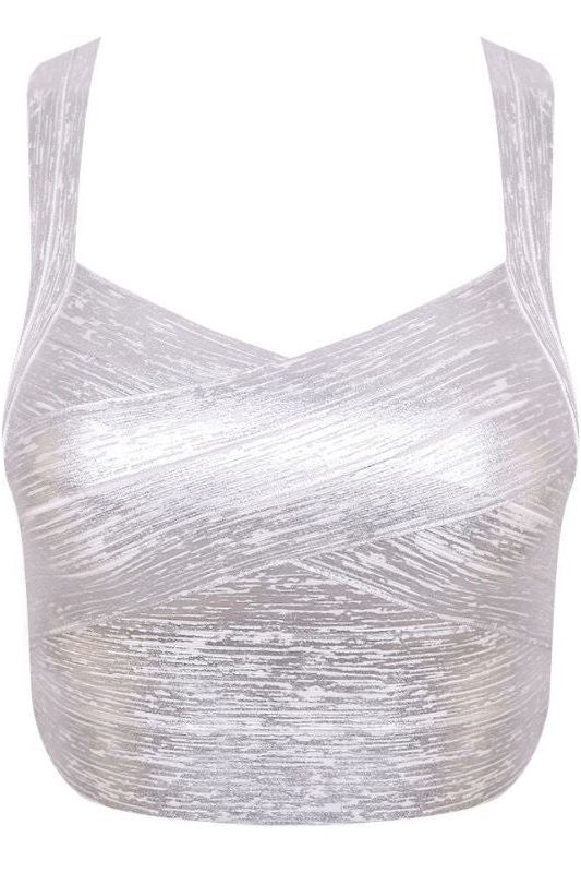 Woman wearing a figure flattering Jay Bandage Crop Top - Silver BODYCON COLLECTION