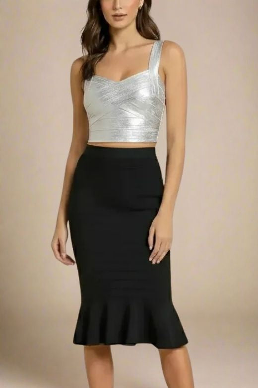 Woman wearing a figure flattering Jay Bandage Crop Top - Silver BODYCON COLLECTION