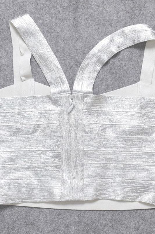 Woman wearing a figure flattering Jay Bandage Crop Top - Silver BODYCON COLLECTION