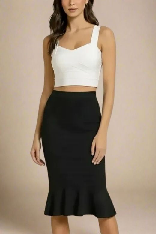 Woman wearing a figure flattering Jay Bandage Crop Top - White Pearl BODYCON COLLECTION