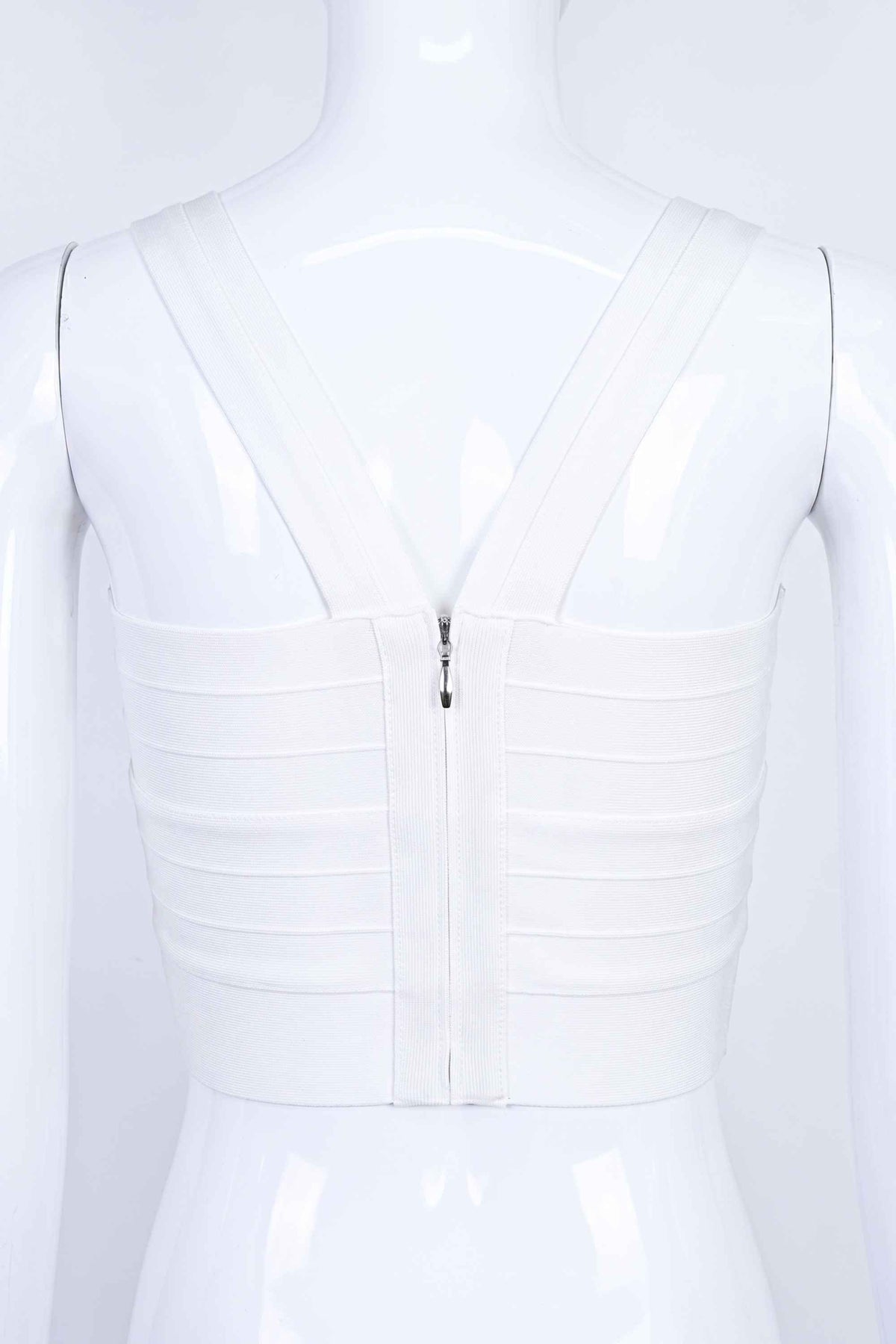 Woman wearing a figure flattering Jay Bandage Crop Top - White Pearl BODYCON COLLECTION