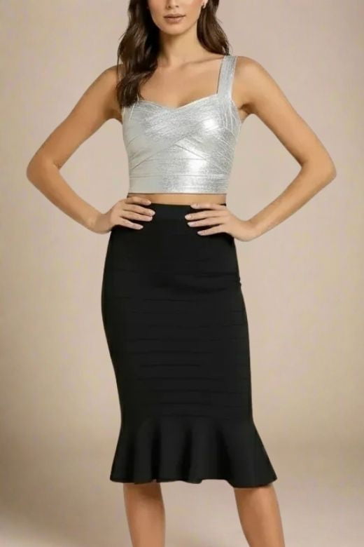 Woman wearing a figure flattering Jay Bandage Leather Crop Top - Silver BODYCON COLLECTION