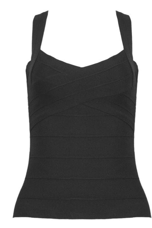 Woman wearing a figure flattering Jay Bandage Top - Classic Black BODYCON COLLECTION