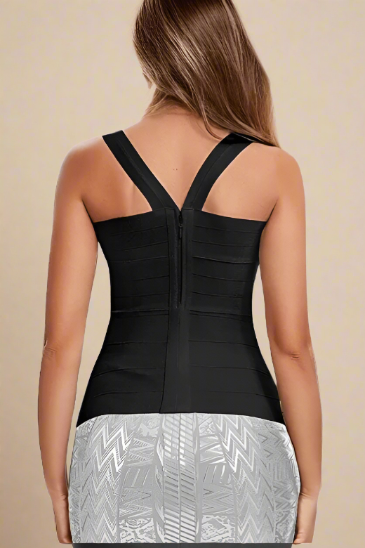 Woman wearing a figure flattering Jay Bandage Top - Classic Black BODYCON COLLECTION
