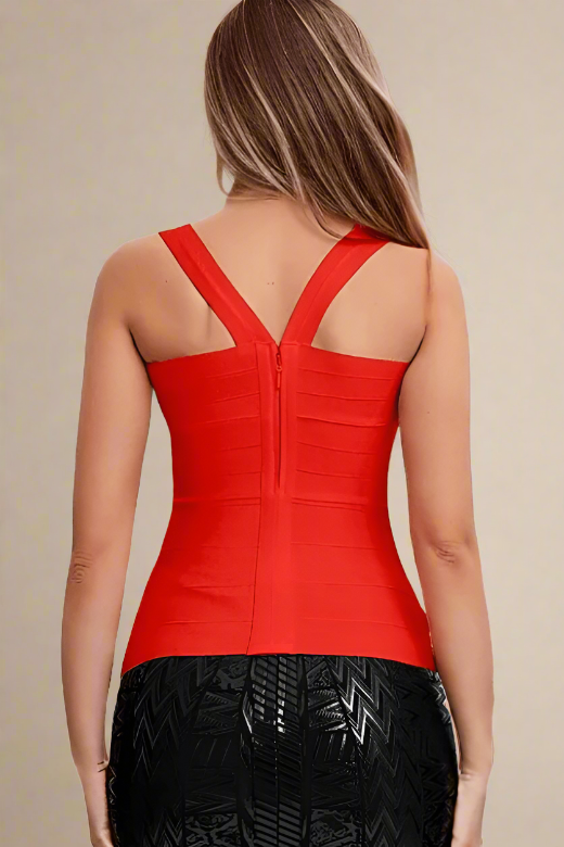 Woman wearing a figure flattering Jay Bandage Top - Lipstick Red BODYCON COLLECTION
