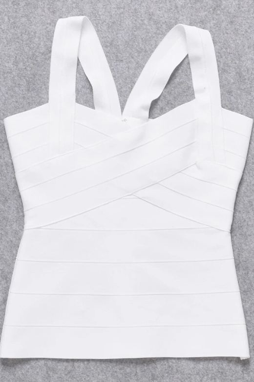 Woman wearing a figure flattering Jay Bandage Top - Pearl White BODYCON COLLECTION