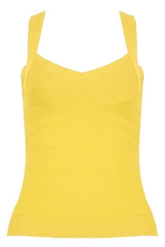 Woman wearing a figure flattering Jay Bandage Top - Sun Yellow BODYCON COLLECTION