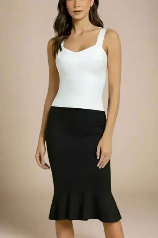 Woman wearing a figure flattering Jay Bandage Top - White Pearl BODYCON COLLECTION