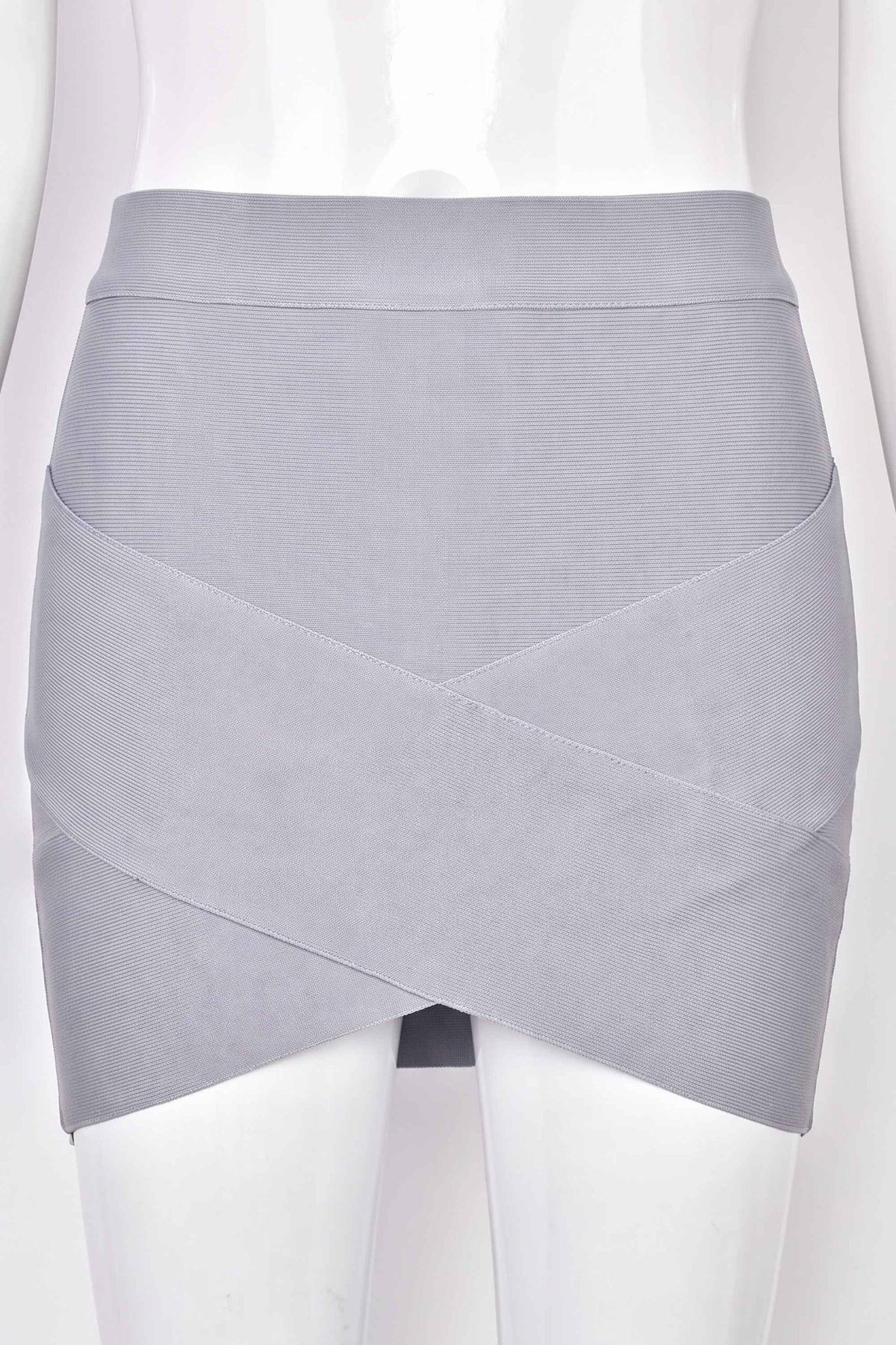 Woman wearing a figure flattering Jay High Waist Bandage Mini Skirt - Grey BODYCON COLLECTION